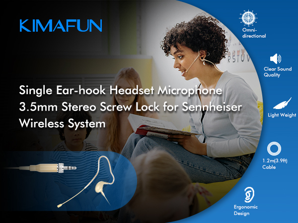 KIMAFUN single ear-hook headset microphone with 3.5mm stereo screw lock connector, designed for Sennheiser wireless systems. Features clear sound quality and lightweight design.
