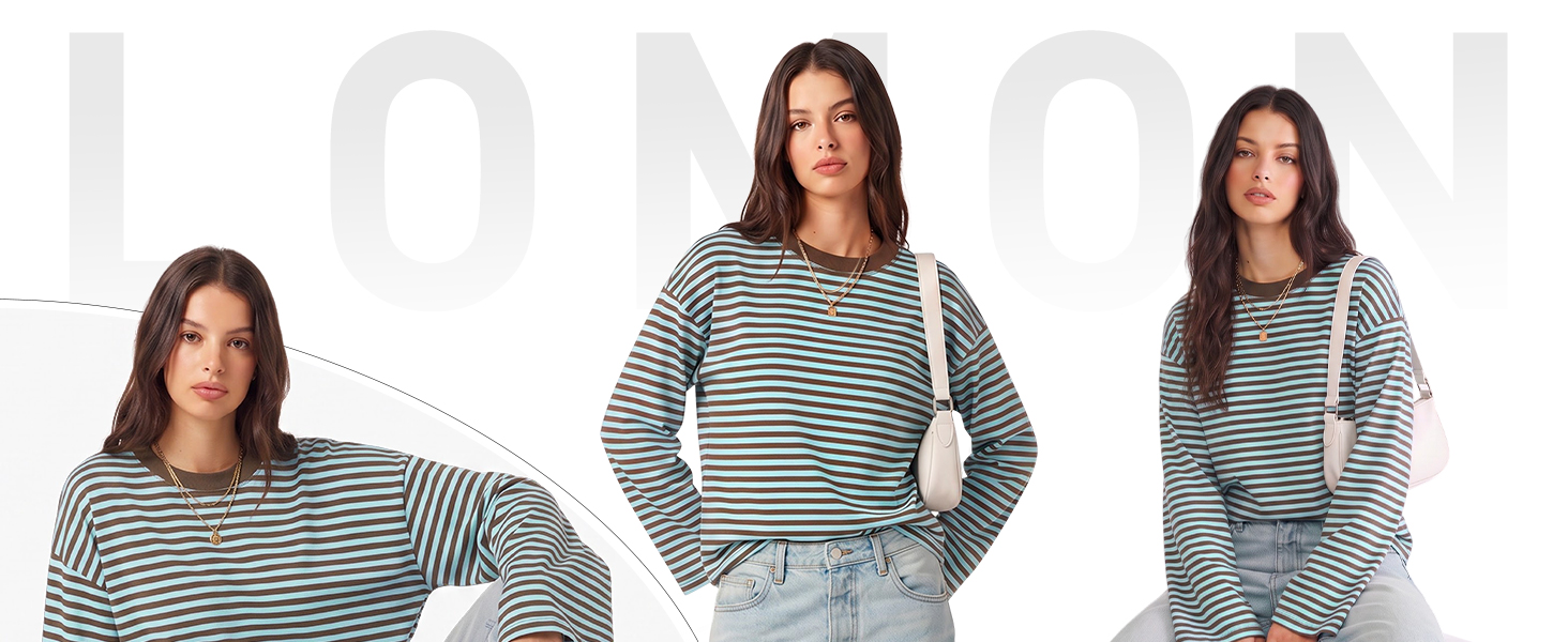 Striped Long Sleeve Shirt Women Oversized Crewneck Fall Y2k Tops 2026