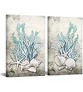 iHAPPYWALL 2 Pieces Set Ocean Theme Canvas Wall Art Coastal Shell Starfish Coral Conch Picture fo...