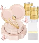 WDF 175Pcs Pink Plastic Plates - Pink and Gold Plates Disposable 25guest Plastic Dinnerware Ideal...