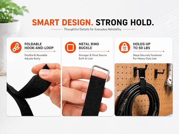 Hook and loop cable strap features banner, foldable design, metal buckle, heavy duty up to 50 lbs