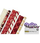 Hallmark Christmas Wrapping Paper Rolls and Scotch Gift-Wrap Tape (Set of 3 Reversible Gift Wrap ...