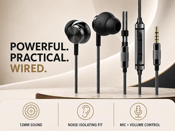 Wired earphones shown with icons for 12mm sound, noise-isolating fit, and mic controls.