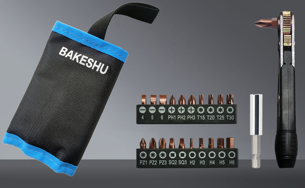Precision screwdriver set with multiple bits in a compact case labeled 'BAKESHU', alongside a screwdriver handle on a gray surface.