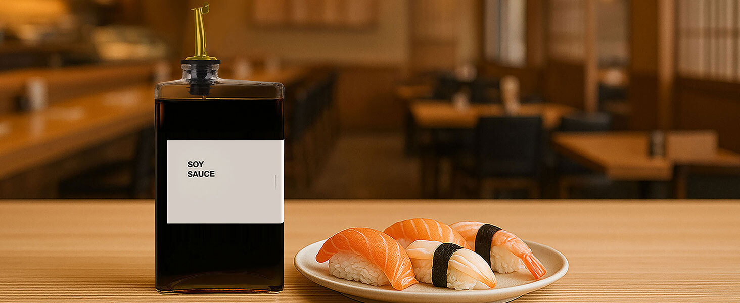 Soy sauce in dispenser bottle next to plate of sushi on wooden counter in restaurant setting