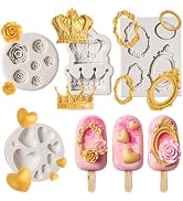 JOERSH 4PCS Vintage Frame Mold Set, Silicone Fondant Molds Crown Rose Heart Mold for Cupcake Deco...