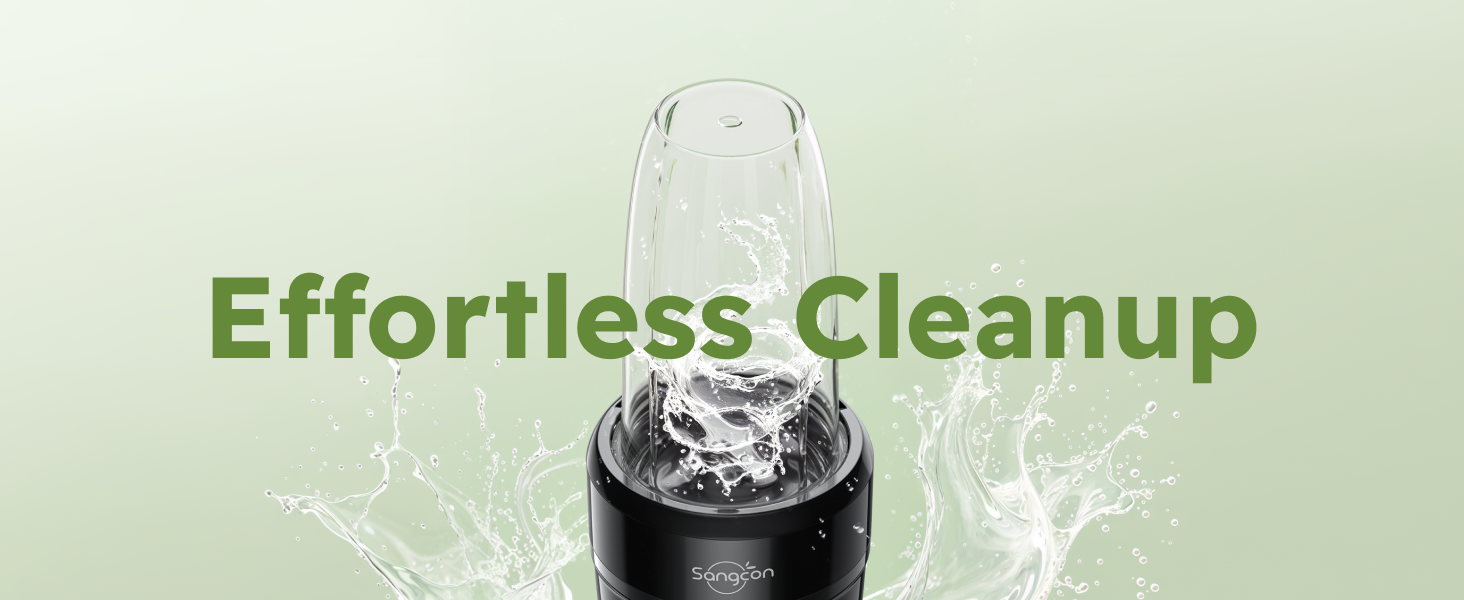 Sangcon blending cup shown with splashing water to highlight quick and effortless cleanup.