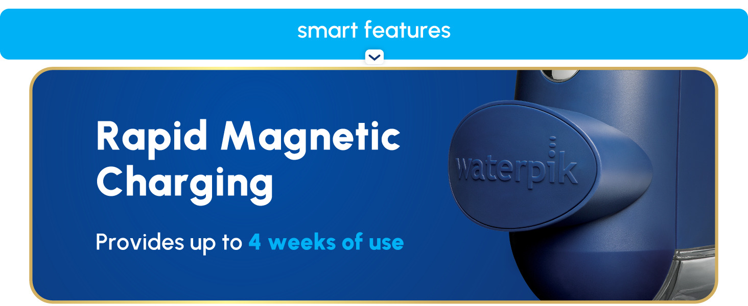 Image of Waterpik Cordless Advanced water flosser charger with text reading rapid magnetic charging.