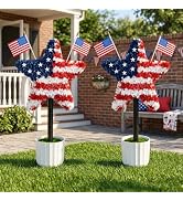 DTNESS 2 Pack 25.6" Patriotic Star Topiary Trees w/ 4 Flags for 4th of July | Patriotic Red White...
