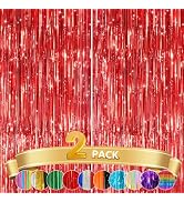 2 Pack Red Metallic Tinsel Foil Fringe Curtains, Door Streamers Photo Booth Backdrop for Birthday...