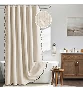 MIULEE Beige Scalloped Shower Curtain Linen Textured with 12 Metal Hooks Cute Heavy Duty Washable...