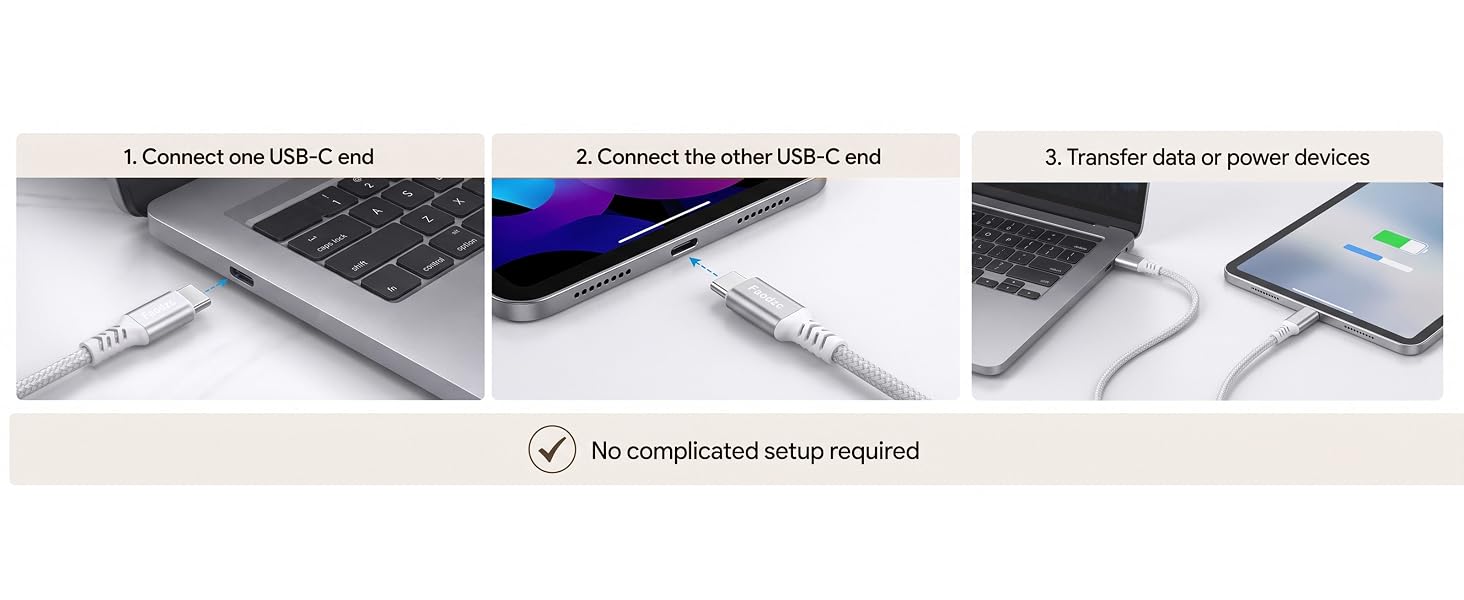 Diagram showing easy USB-C cable connection for data transfer or power; no complex setup.