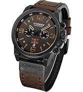 Men Sport Chronograph Quartz Watch Brown Leather Strap Date 30M Waterproof Military Male Wrist Watch