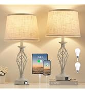 EJIAXIN Table Lamp for Bedroom Set of 2 - Light Grey Bedside Lamps with USB C+A Ports,Rustic Dist...