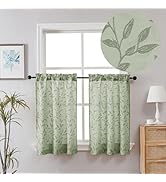 Chyhomenyc Mila Sage Green Kitchen Curtains 36 Inch Length Tier Curtains, Semi Sheer Leaf Jacquar...