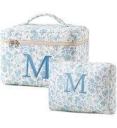HBselect 2Pcs Initial Makeup Bag, Quilted Makeup Bag, Cotton Large Travel Makeup Bag, Cute Floral...