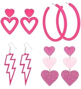 CAVETEE 8PCS Hot Pink Heart Earrings for Women, Heart Earrings Dangle Valentine's Day Earrings Cu...