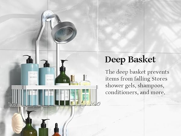 shower caddy hanging over showerhead