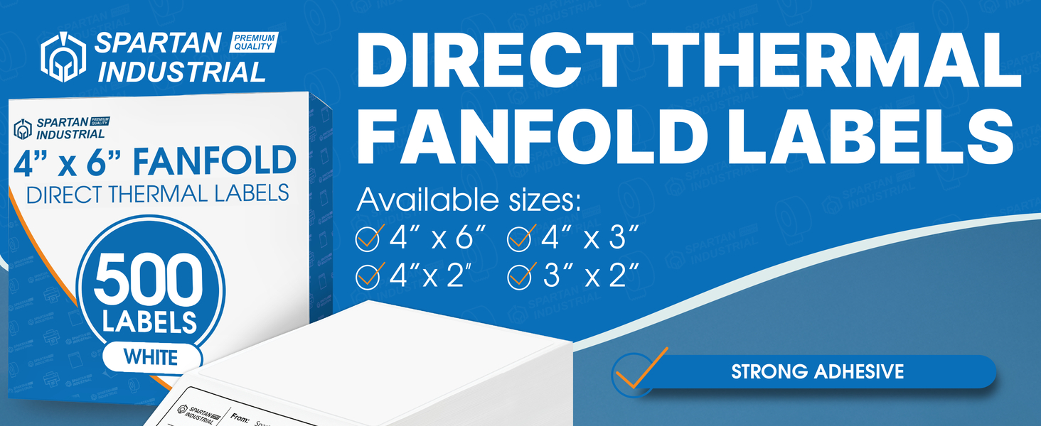The Spartan Industrial logo and the text “Direct Thermal Fanfold Labels” available in four sizes