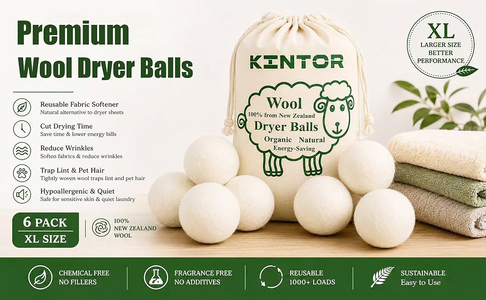 KINTOR XL Wool Dryer Balls, Reusable Fabric Softener,laundry balls static reducer pet hair remover