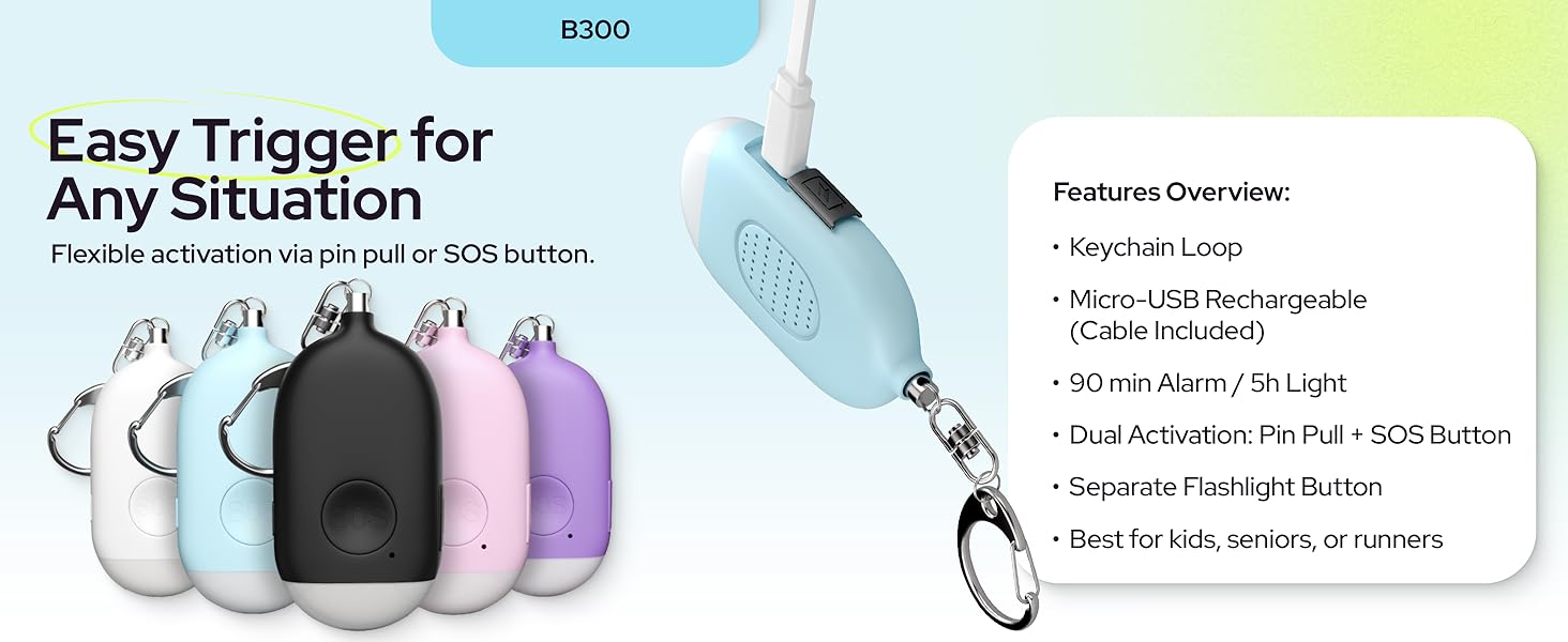 B300 personal security alarm key chain rechargeable