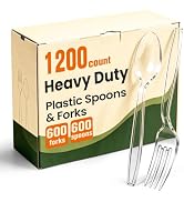 1200 Count Plastic Silverware Heavy Duty,Clear Plastic Forks and Spoons, 600 PlasticSpoons & 600 ...