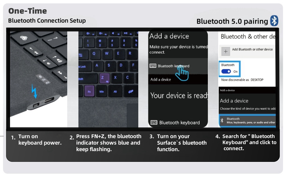 Step-by-step guide for Bluetooth 5.0 keyboard pairing. Shows keyboard with blue backlight, phone screen with pairing instructions, and Windows Bluetooth settings interface.