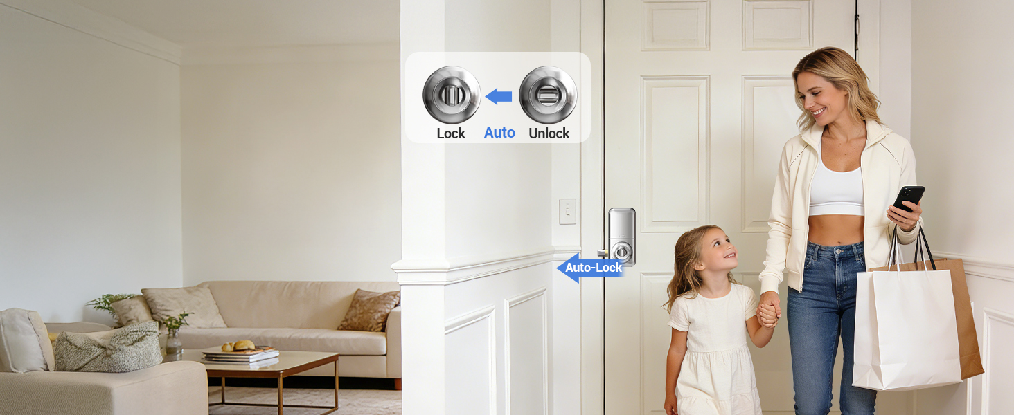 Auto-lock with a 10–99 second delay helps prevent forgotten locks and is disabled by default.