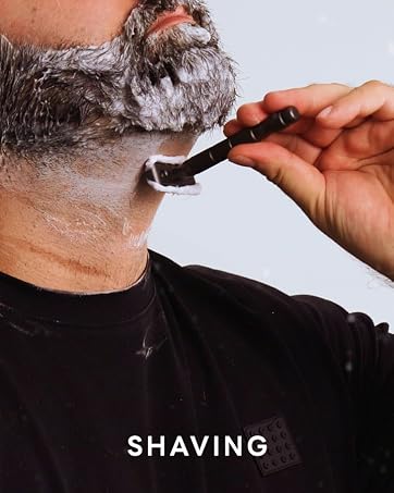 Text reads 'SHAVING'. Series of close-up shots showing shaving process with white shaving cream being applied and removed from facial area.