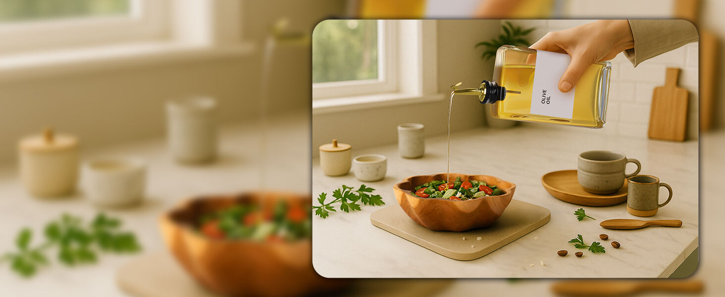 Hand pouring olive oil from labeled glass dispenser onto salad in wooden bowl
