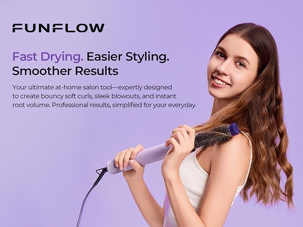 A woman effortlessly styling her hair with a lightweight 6-in-1 air styler for root lift and smooth.
