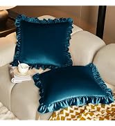 KKJIAF Teal Velvet Throw Pillow Covers 20 x 20 Inch Set of 2, Ruffle Euro Pillow Shams Velvet Squ...