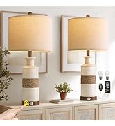 BOBOMOMO 24.5" Farmhouse Boho Table Lamps Set of 2, Hand-Woven Rattan Bedside Lamps with 3-Way Di...