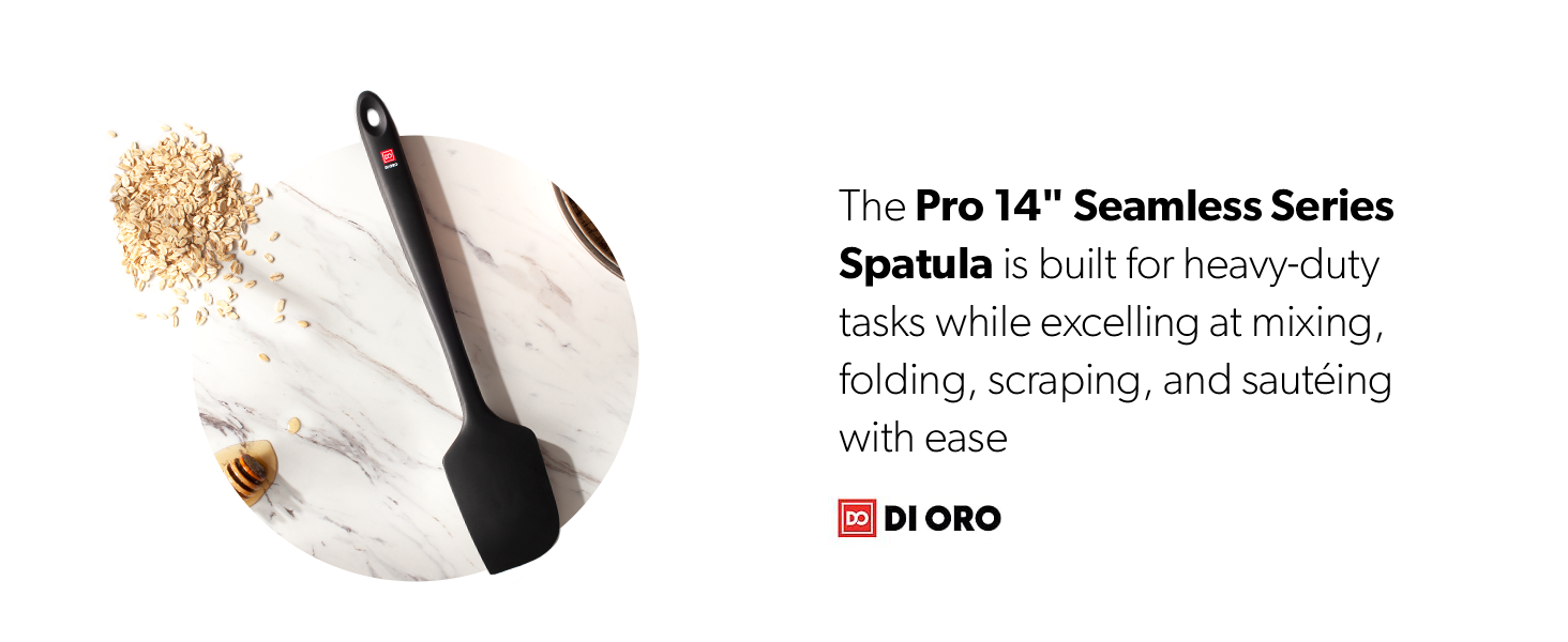 image of the pro 14" silicone spatula sitting on a granite countertop with honey and grain