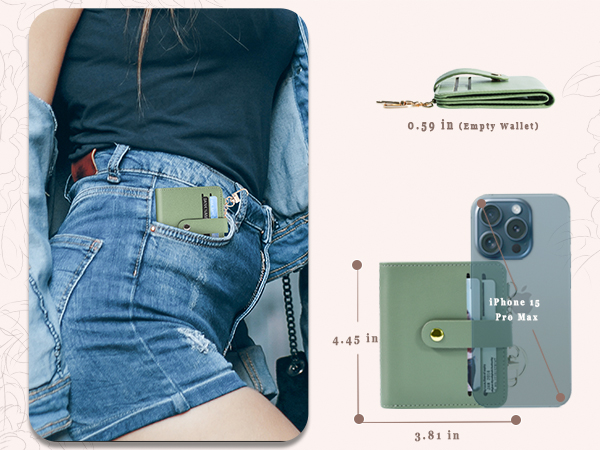 Slim wallet on jeans, 3.81x4.45 in, compared to iPhone 15 Pro Max, showcasing its slim and compact