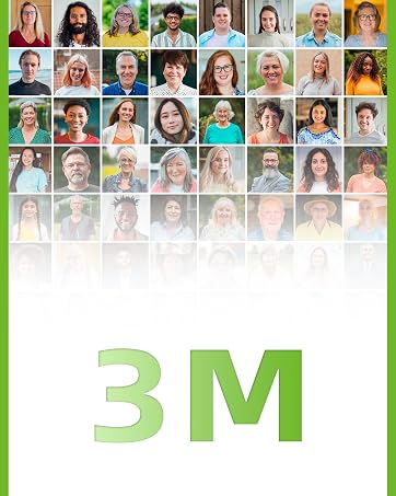Grid display of headshots fading into white background, with large green '3M' text at bottom right corner.