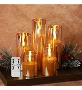 Girimax Gold Glass Flameless Candles with Remote Batteries, Flickering Slim LED Pillar Candles Ch...