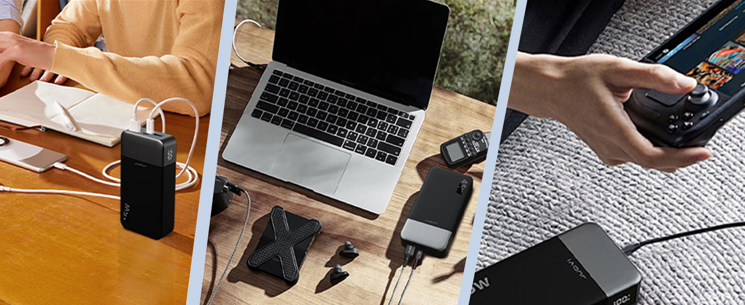 Triptych of workspace images showing hands typing on laptops and using digital devices on wooden surfaces.