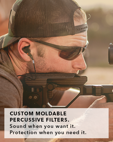 A man hunting with earplugs that offer ear protection and surrounding awareness.
