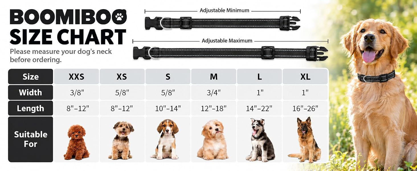 Breathable Nylon Collars for Small Medium Large Dogs, Adjustable Soft Neoprene Padded, Night Safety