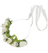 Rose Flower Wreath Headband with Stems and Ribbon - Ivory