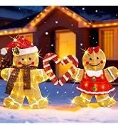 TW SHINE Christmas Outdoor Decorations Yard, Set of 2 Lighted 2D Gingerbread Man with 90 Warm Whi...