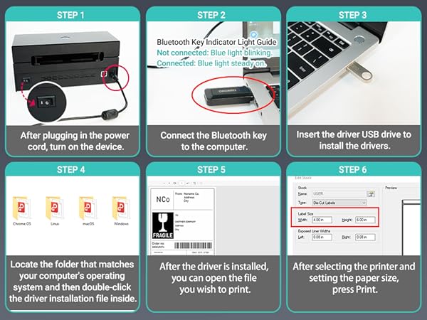 Instructional diagram showing step-by-step setup process for a device, with numbered steps and red arrows indicating connection points and bluetooth pairing sequence.