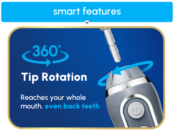 Image of Waterpik tooth flosser tip with text reading three hundred sixty tip rotation.