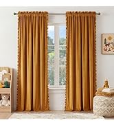 NICETOWN Mustard Gold Pom Pom Velvet Curtains 8 ft Long - Room Darkening Luxurious Drapes for Liv...