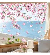 Supzone Cherry Blossom Static Window Clings Double Sided Hanging Pink Flowers Branch Window Decal...