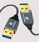 USB cable with braided black nylon covering, featuring USB-A connectors on both ends with blue inner components and gold-plated contacts.