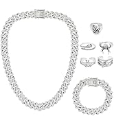 NEWITIN 7 Pieces Silver Jewelry Set for Men Stainless Steel Cuban Link Necklace Bracelet Vintage ...