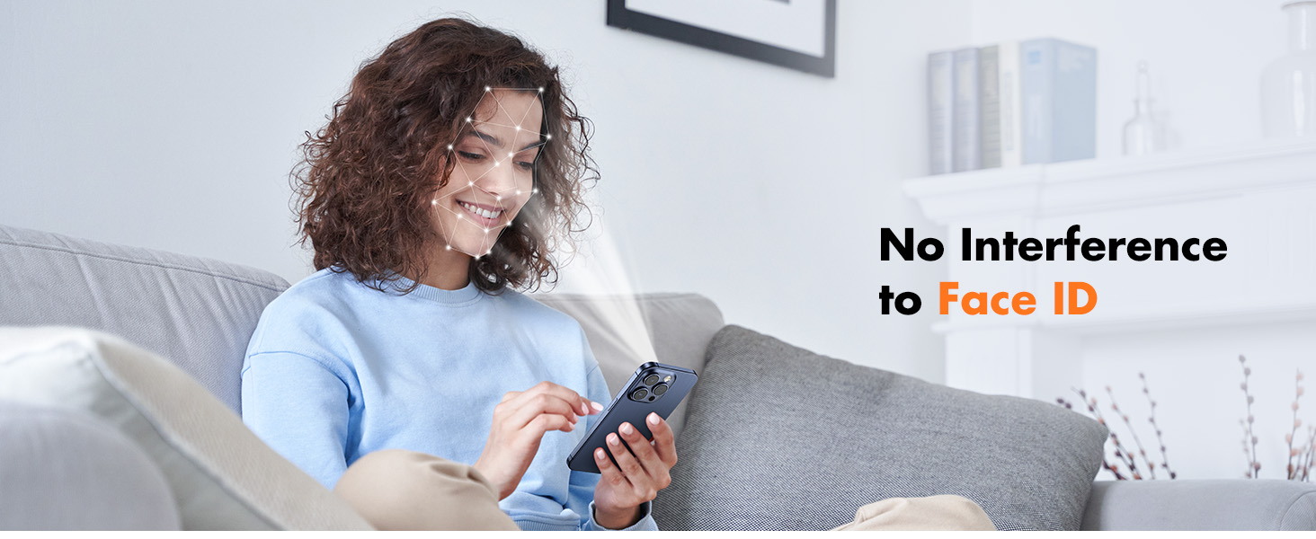 Smartphone shown with text 'No Interference to Face ID', highlighting device compatibility with facial recognition technology.