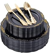 DaYammi 150Pcs Black Gold Plastic Plates & Plastic Silverware, Black Disposable Plates for Party ...